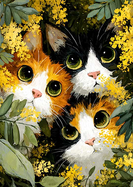 Three Cute Cats Peeking Through Flowers