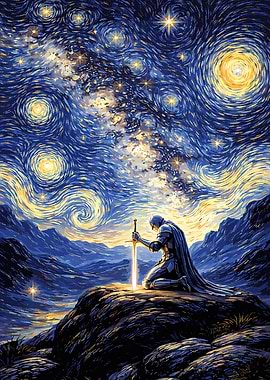 Knight Kneeling Under Starry Sky
