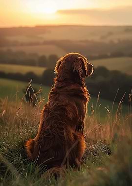 Dog watching sunset over rolling hills