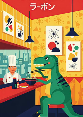 Dinosaur eating ramen in a restaurant