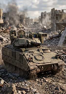 Military Tank in Ruined City