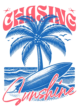 Chasing Sunshine Poster, Retro Surf Beach Art, Summer Palm Tree Wall Print