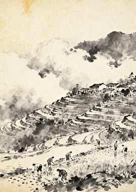 Terraced Rice Fields with Farmers