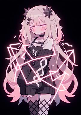 Anime Girl with Pink Neon Geometric Shapes