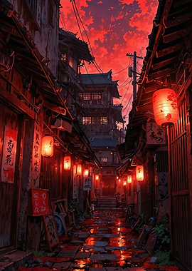Japanese Alleyway at Sunset