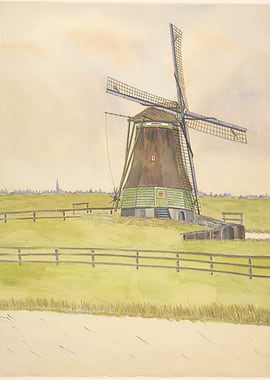 Watercolor Painting of a Dutch Windmill