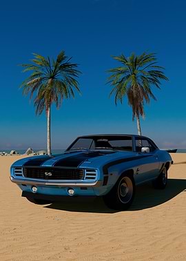 Classic Blue Camaro SS on a Beach