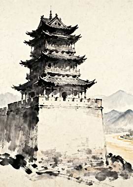 Traditional Chinese Pagoda and Wall Painting