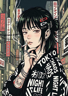 Anime Girl Smoking in Tokyo Night