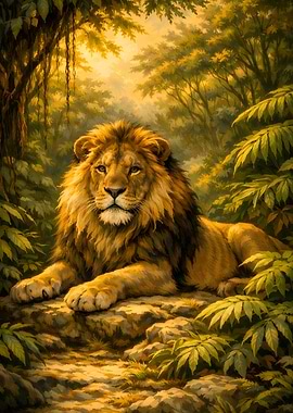 Majestic Lion Resting In A Lush Tropical Forest