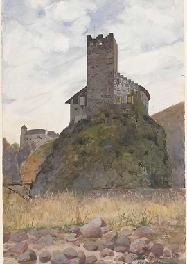 Watercolor painting of a castle on a rocky hill