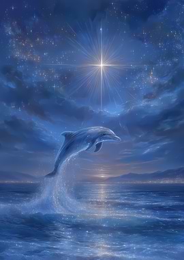 Dolphin leaping under a starry sky