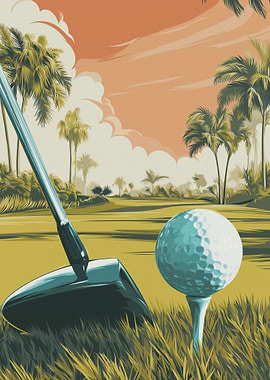 Golf club and ball on a tropical course
