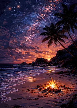 Tropical Beach Bonfire Under Starry Sunset