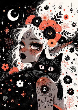 Boho Elf Girl with Black Cat and Flowers