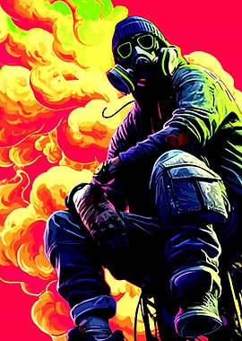 Man in Gas Mask with Explosions