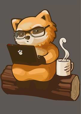 Cute Fox Working on Laptop with Coffee