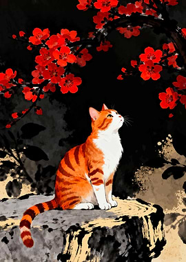 Orange Tabby Cat Under Cherry Blossoms