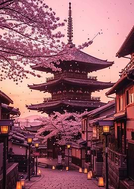 Pagoda Street with Cherry Blossoms