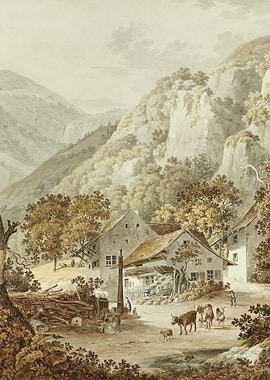 Alpine Village with Cattle and Mountains