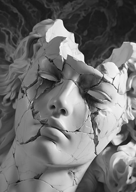 Cracked Marble Bust of a Serene Face