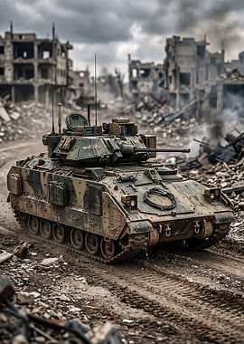 Military tank in destroyed city