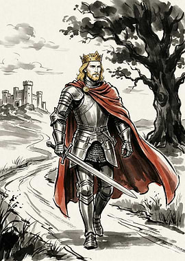 King in Armor with Sword and Castle