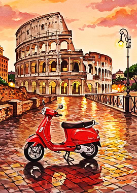 Red Scooter in front of the Colosseum