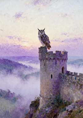 Owl perched on a castle tower at sunrise