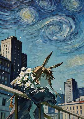 Anime Girl with Daisies Under Starry Sky