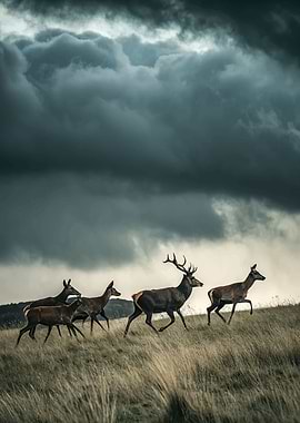 Deer running under stormy sky