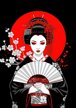 Geisha with Fan and Cherry Blossoms