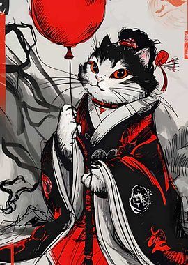 Cat in Kimono Holding Red Balloon