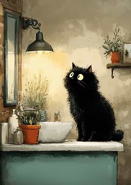Fluffy Black Cat in Bathroom