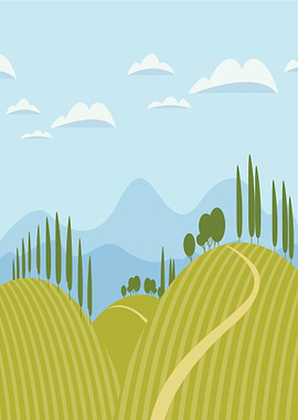 Rolling Hills with Cypress Trees and Clouds