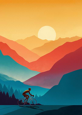 Cyclist in Mountain Landscape at Sunset
