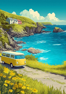 Yellow Camper Van on Coastal Road