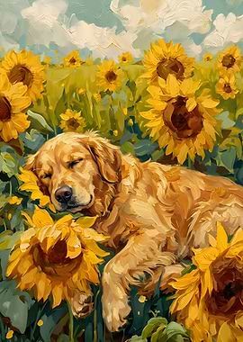 Golden Retriever Nap in Sunflower Field