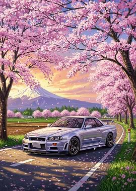 Nissan Skyline R34 with Cherry Blossoms and Mt. Fuji