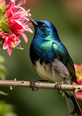 Sunbird Feeding on Pink Flowers