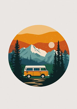 Vintage Van in Mountain Landscape