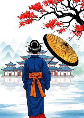 Geisha with Umbrella by Japanese Temple