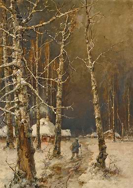 Winter Scene with Traveler and Cottages