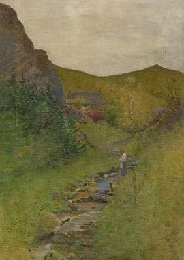 Person by a Stream in a Mountainous Landscape