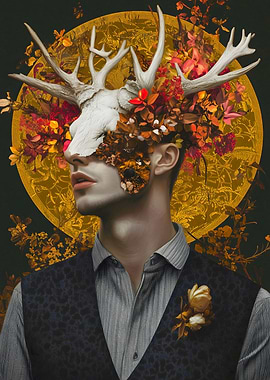 Surreal Portrait with Antlers and Flowers