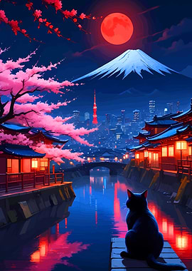 Black Cat by Mount Fuji at Night