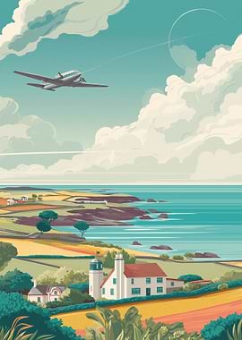 Vintage Airplane Over Coastal Landscape