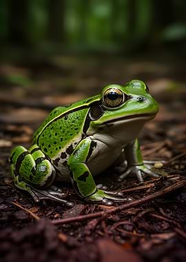 Green frog on forest floor