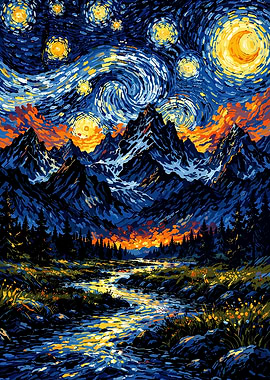 Starry Night Mountain Landscape