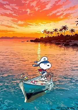 Snoopy sailing at sunset